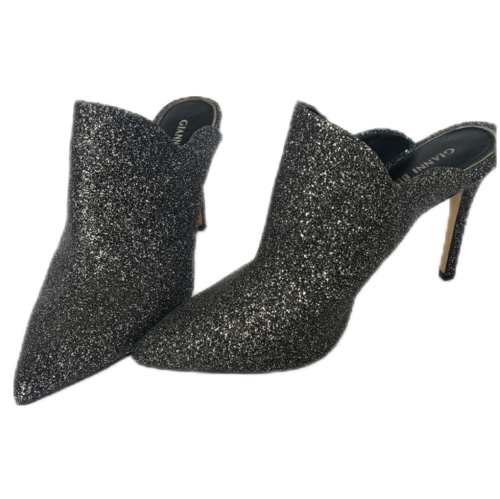 Gianni Bini Black Glitter Pointed-Toe Mule Heels